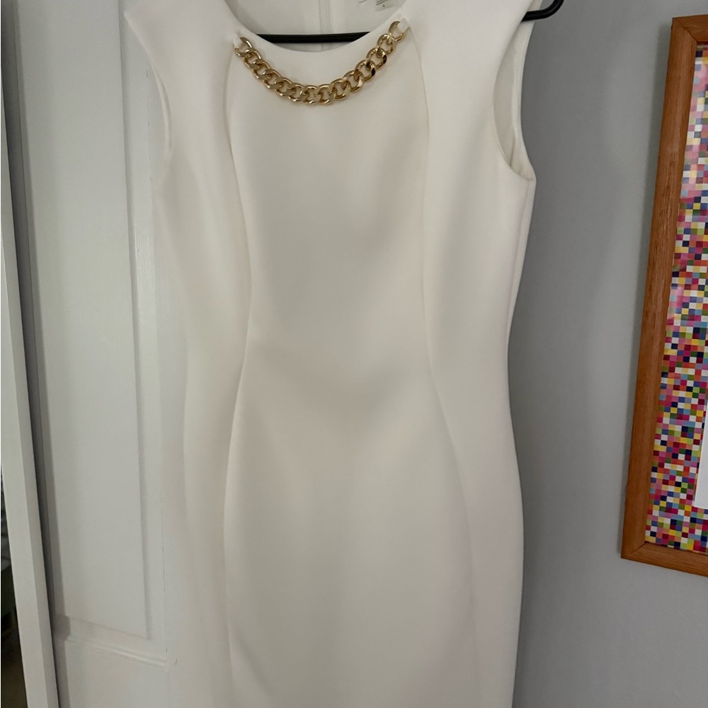 Calvin Klein White Sleeveless Dress with Gold Chain Detail
